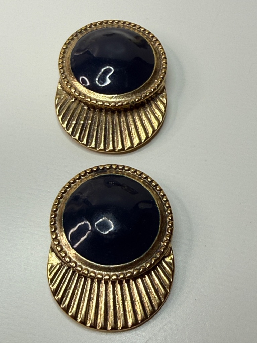 Vibrate Gold blue enamel art deco Oval Statement clip on pair fur shoe clips
